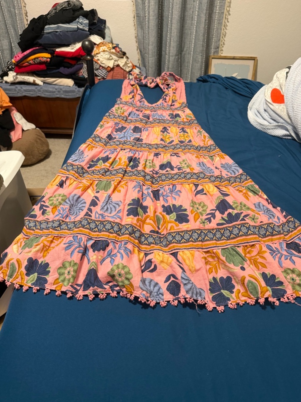 FARM Rio Pink Floral Tiered Maxi Dress with Blue and Yellow Accents